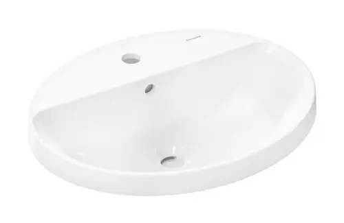 Weißer Einbauwaschtisch von Hansgrohe mit abgerundeter Form, Hahnloch und Überlauf. Die Oberfläche ist glatt und glänzend, geeignet für moderne Badezimmer.